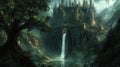 Dark fantasy castle with waterfall Royalty Free Stock Photo