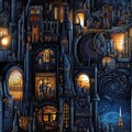 Dark fantasy cityscape with intricate art nouveau details (tiled)