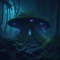 Dark Fantasy Forest Night With Glowing Neon Lights And Old Stone Mossy Structure Mushroom Pixie Fairytale Generative Ai