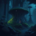 Dark Fantasy Forest Night With Glowing Neon Lights And Old Stone Mossy Structure Mushroom Pixie Fairytale Generative Ai