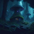 Dark Fantasy Forest Night With Glowing Neon Lights And Old Stone Mossy Structure Mushroom Pixie Fairytale Generative Ai