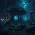 Dark Fantasy Forest Night With Glowing Neon Lights And Old Stone Mossy Structure Mushroom Pixie Fairytale Generative Ai