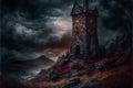 Dark fantasy ancient fortress castle tower in melancholic landscape with dead trees Royalty Free Stock Photo