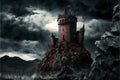 Dark fantasy ancient fortress castle tower in melancholic landscape with dead trees Royalty Free Stock Photo