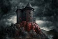 Dark fantasy ancient fortress castle tower in melancholic landscape with dead trees