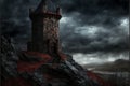 Dark fantasy ancient fortress castle tower in melancholic landscape with dead trees