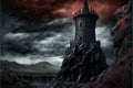Dark fantasy ancient fortress castle tower in melancholic landscape with dead trees