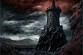 Dark fantasy ancient fortress castle tower in melancholic landscape with dead trees Royalty Free Stock Photo