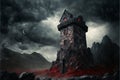 Dark fantasy ancient fortress castle tower in melancholic landscape with dead trees Royalty Free Stock Photo
