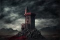 Dark fantasy ancient fortress castle tower in melancholic landscape with dead trees Royalty Free Stock Photo