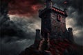 Dark fantasy ancient fortress castle tower in melancholic landscape with dead trees