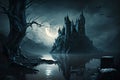 Dark fantasy landscape with a gloomy castle