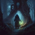 A Dark Fantasy Scene Featuring a Cloaked Man Holding a Lantern in a Mysterious Forest