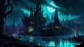 A dark-fantasy swamp with a haunted mansion and ghostly apparitions. Fantasy concept , Illustration painting.