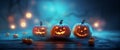 halloween fear background night mystery table evil jack horror blue pumpkin. Generative AI. Royalty Free Stock Photo