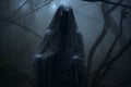 a dark figure in a forest with fog