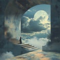 A dark figure in a long cloak stands on a staircase in a vast, concrete structure, looking out at a cloudy sky and a large moon.