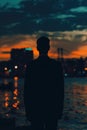 Dark figure of a man in suit, sunset quay, silent yearning , 8K resolution