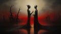 Dark Figures In A Redyellow Sky: A Macabre Realism Oil Painting Royalty Free Stock Photo