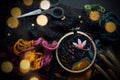 Dark flat lay with embroidery. Craft, handmade, hobby