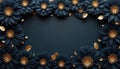 Dark floral elements with gold centers frame empty space. Rich flower petals and leaves create elegant border for text or Royalty Free Stock Photo