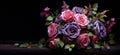 Dark floral ornament, purple blue pink roses on black background Royalty Free Stock Photo
