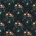 Dark floral seamless tulip pattern. Multicolor flower silhouetes ornament with black dotted background
