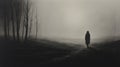 Lonely Person Walking In The Woods: Atmospheric Landscape Pencil Drawing Royalty Free Stock Photo