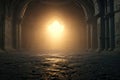 A dark and foreboding dungeon with cloisters and pillars looming in the eerie, ethereal light. Generative AI