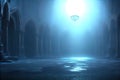 A dark and foreboding dungeon with cloisters and pillars looming in the eerie, ethereal light. Generative AI