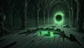 Eerie gothic crypt with glowing green portal and reaching hands Royalty Free Stock Photo
