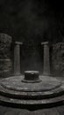 A dark, foreboding stone altar stands between ancient columns within a shadowy ruin, emanating an air of mystery.