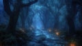 Dark forest background, spooky black trees, path and mystic blue light at night. Landscape of fairy tale woods. Concept of fantasy Royalty Free Stock Photo