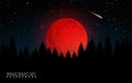 Dark Forest and Big Red Moon. Vector Illustration Modern Background