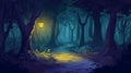 Dark forest cartoon illustration, Moonlight illuminates the beautiful forest. Generative Ai Royalty Free Stock Photo