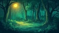 Dark forest cartoon illustration, Moonlight illuminates the beautiful forest. Generative Ai Royalty Free Stock Photo