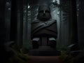 dark forest with a evil stone statue in the mountains