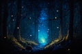 Dark forest with fireflies in it. Generative AI Royalty Free Stock Photo