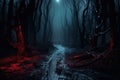 Dark forest with fog and a path, 3d rendering. Computer digital drawing Royalty Free Stock Photo