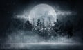 Dark forest. Gloomy dark scene with trees, big moon, moonlight. Smoke, shadow. Abstract dark, cold street background. Royalty Free Stock Photo