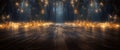 Dark forest with glowing lights and wooden floor, 3d render illustration Royalty Free Stock Photo