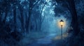 Dark forest with a lighted lamp post Royalty Free Stock Photo