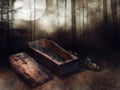 Wooden coffin, bones, and a dark forest