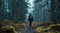 Dark Forest, person tracking through the woods, wide shot, dense pine forest at dusk.