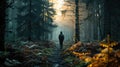 Dark Forest, person tracking through the woods, wide shot, dense pine forest at dusk.