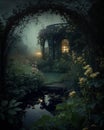 A dark forest with a pond and a bridge with a bridge and flowers. Royalty Free Stock Photo