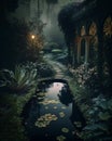 A dark forest with a pond and a bridge with a bridge and flowers. Royalty Free Stock Photo