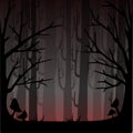 Dark forest with red fog. Misty woods for game or website concept. Foggy forest. Flat vector illustration