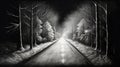 Dark Forest Road: A Pencil Sketch Of Icicles And Snow Dust