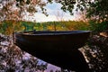 Dark forest with rowing boat in the forest lake